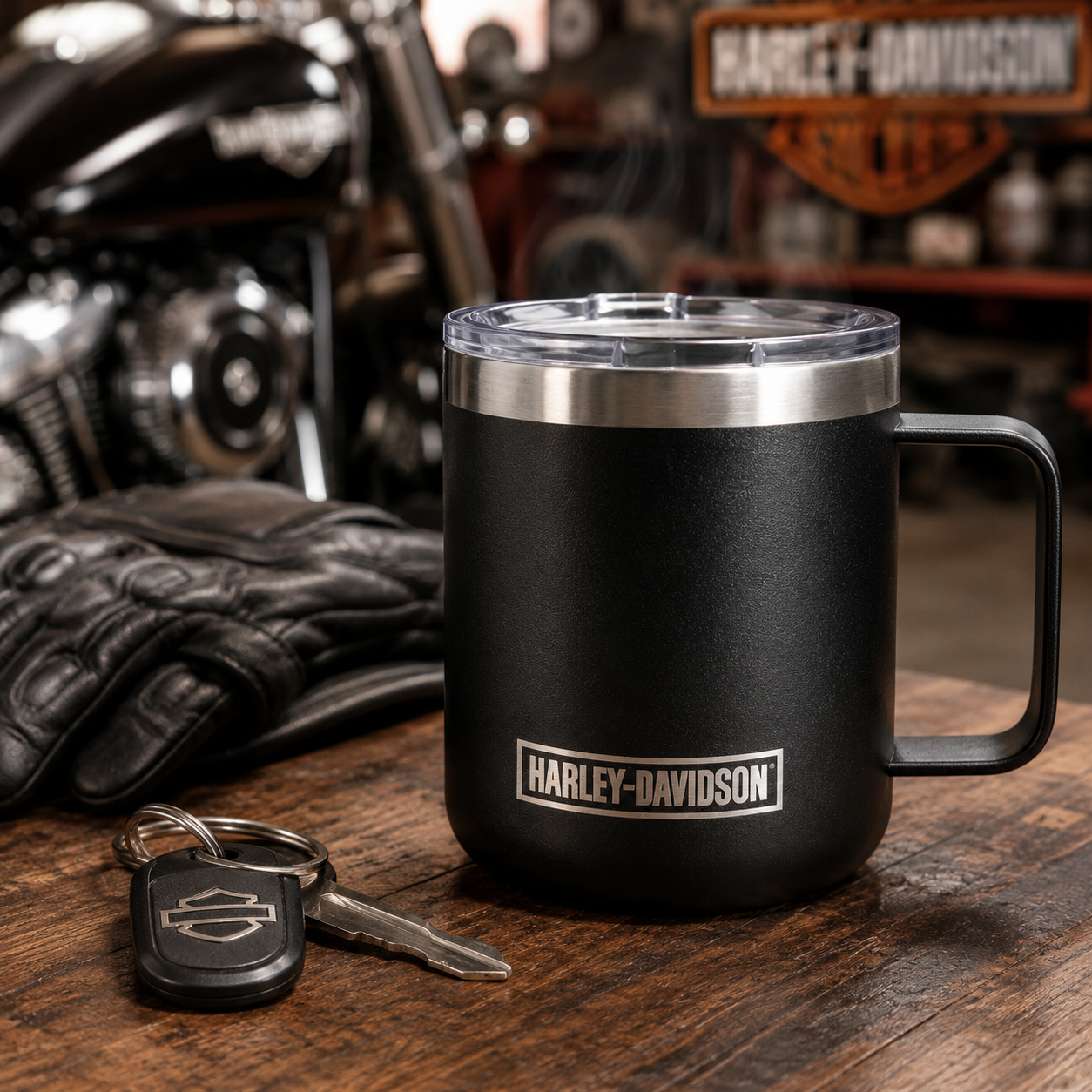 Harley-Davidson Travel Coffee Mug Stainless Steel Tumbler Cup w/Lid Bar Shield