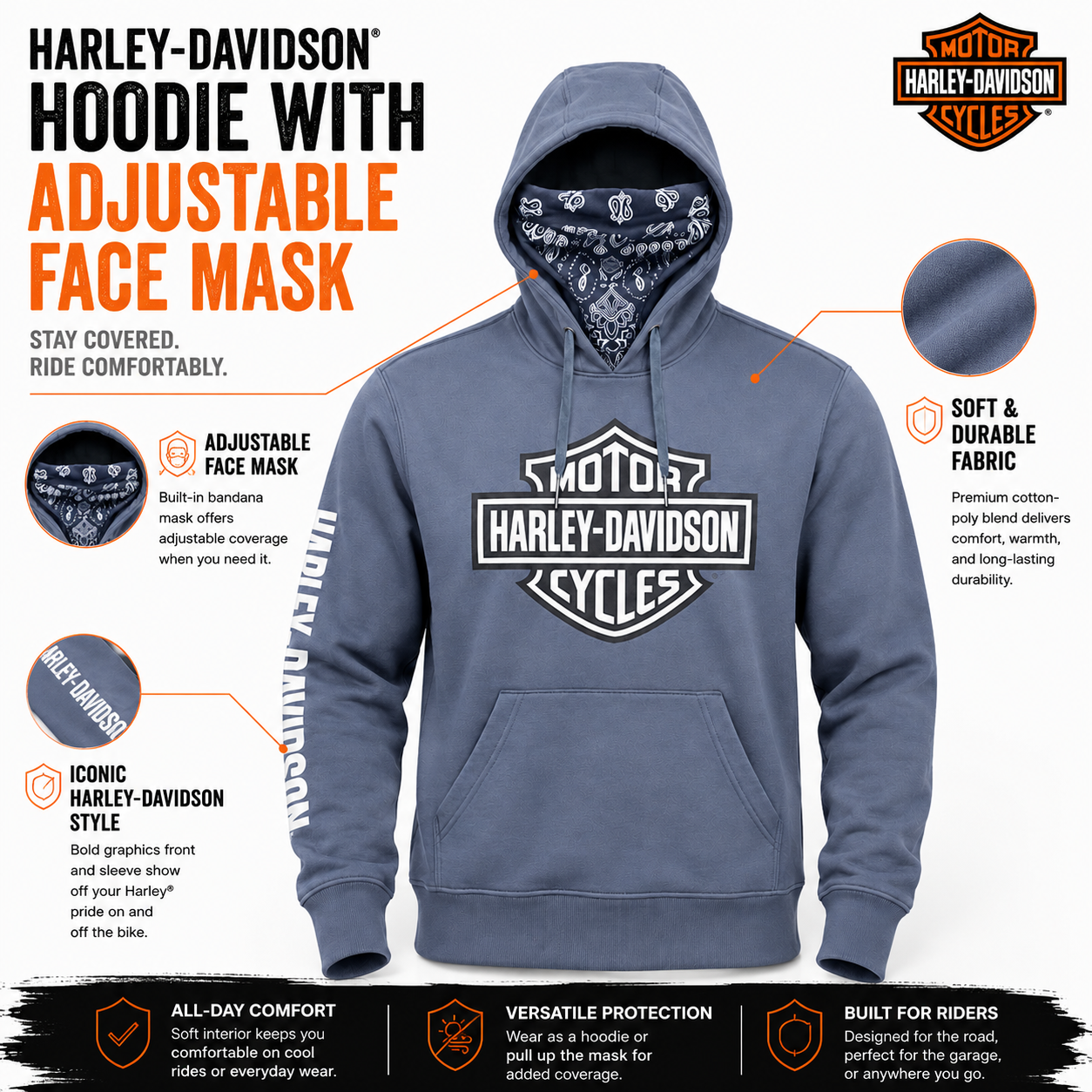 Harley-Davidson hoodie with adjustable face mask on a white background
