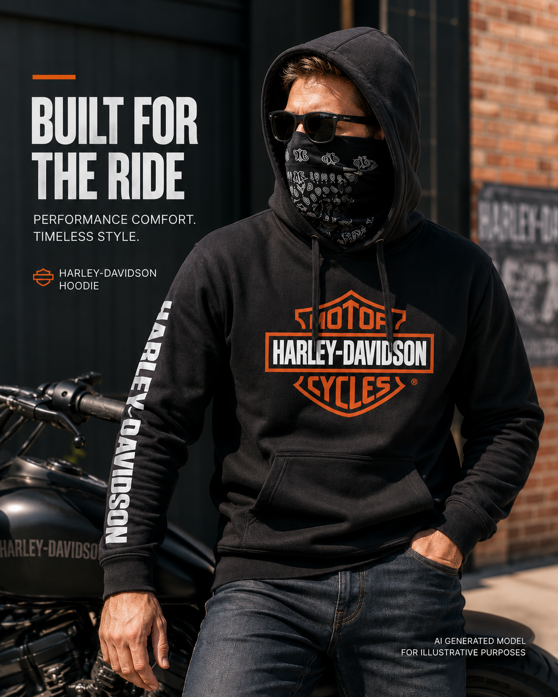 Harley-Davidson Men's Bandana Hoodie Black AI Modeled