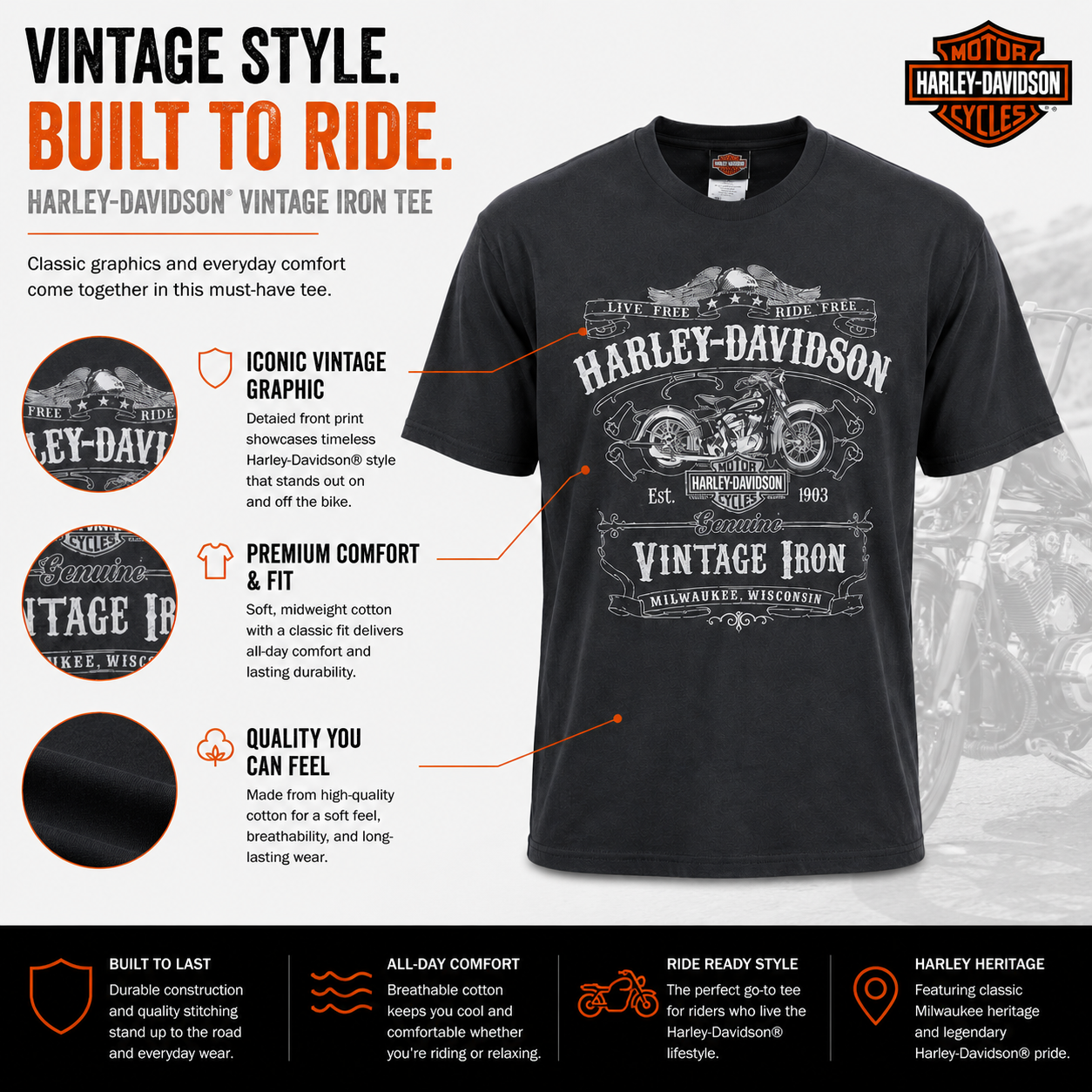 Harley-Davidson Men's Vintage Iron Black T-Shirt | 100% Cotton