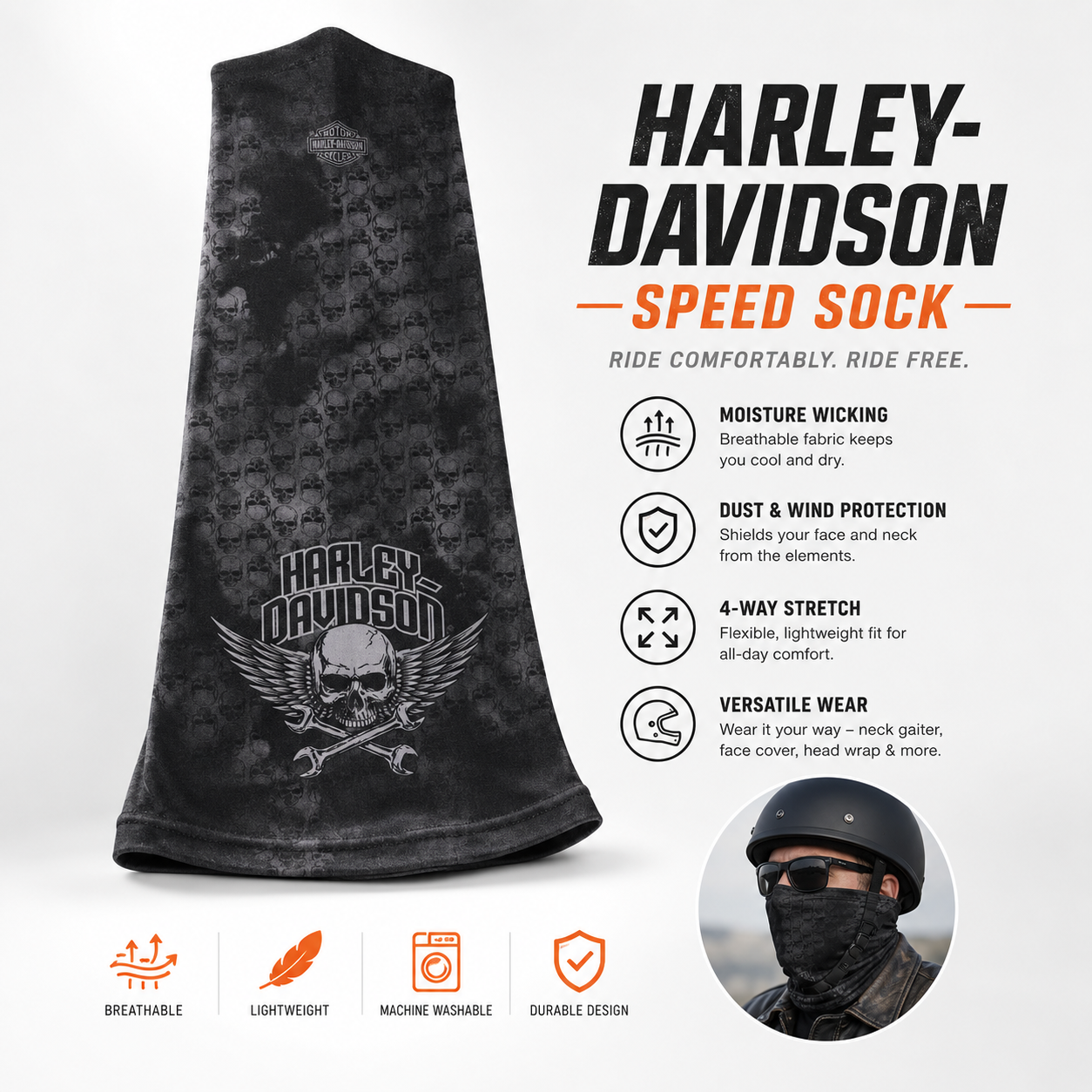 Harley-Davidson Men's Wrenched Winged Skull Speed Sock, Black & Gray SP23230