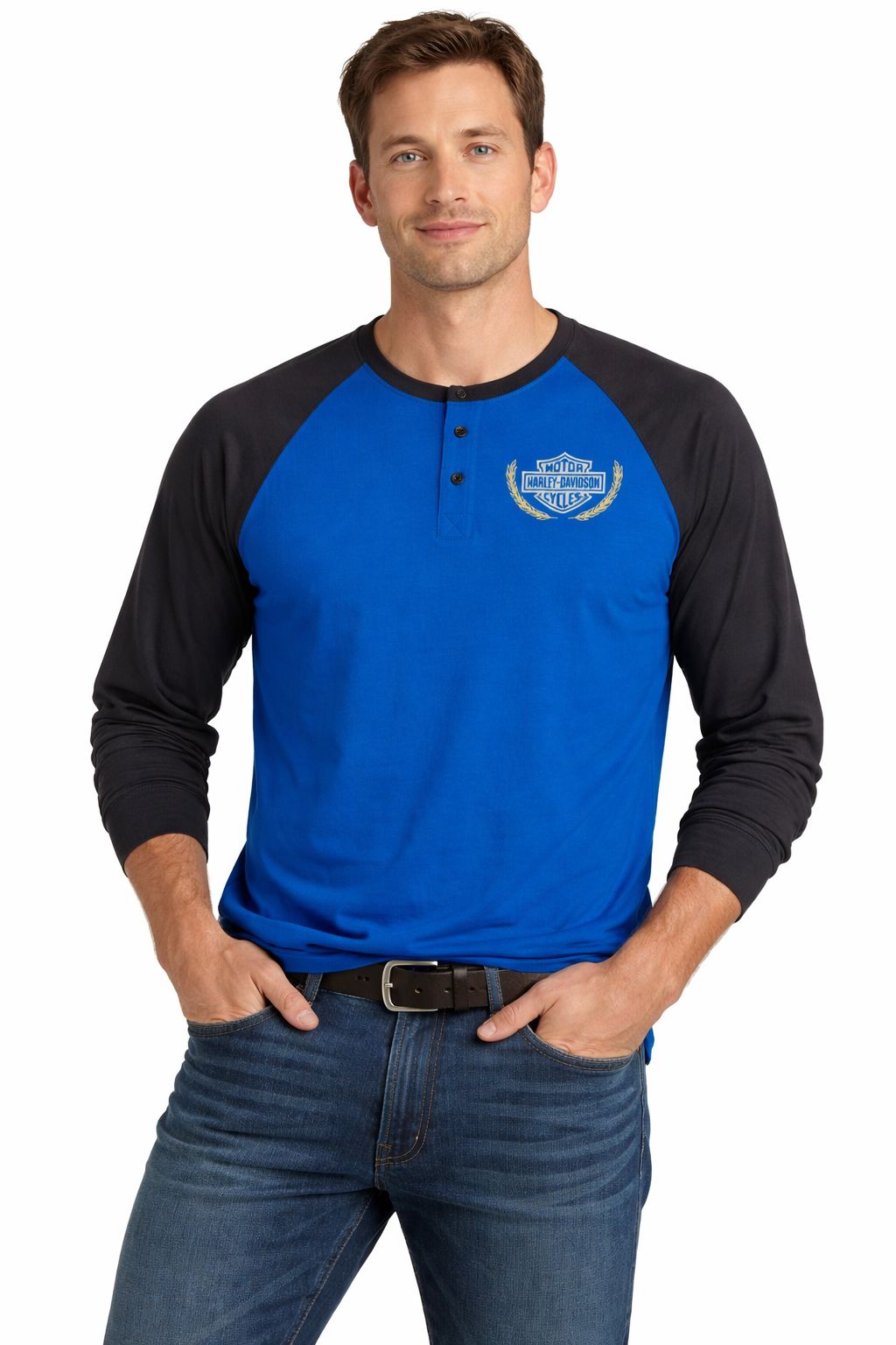 Harley-Davidson Men's Long Sleeve Henley Shirt, Blue - 96435-24VM