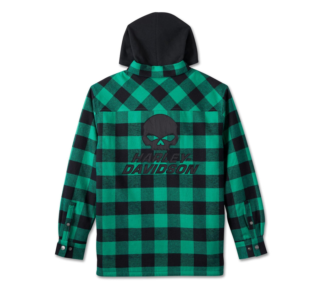 Harley-Davidson Men's Willie G Skull Hooded Shirt - Green Plaid Long Sleeve Button-Up 96214-24VM