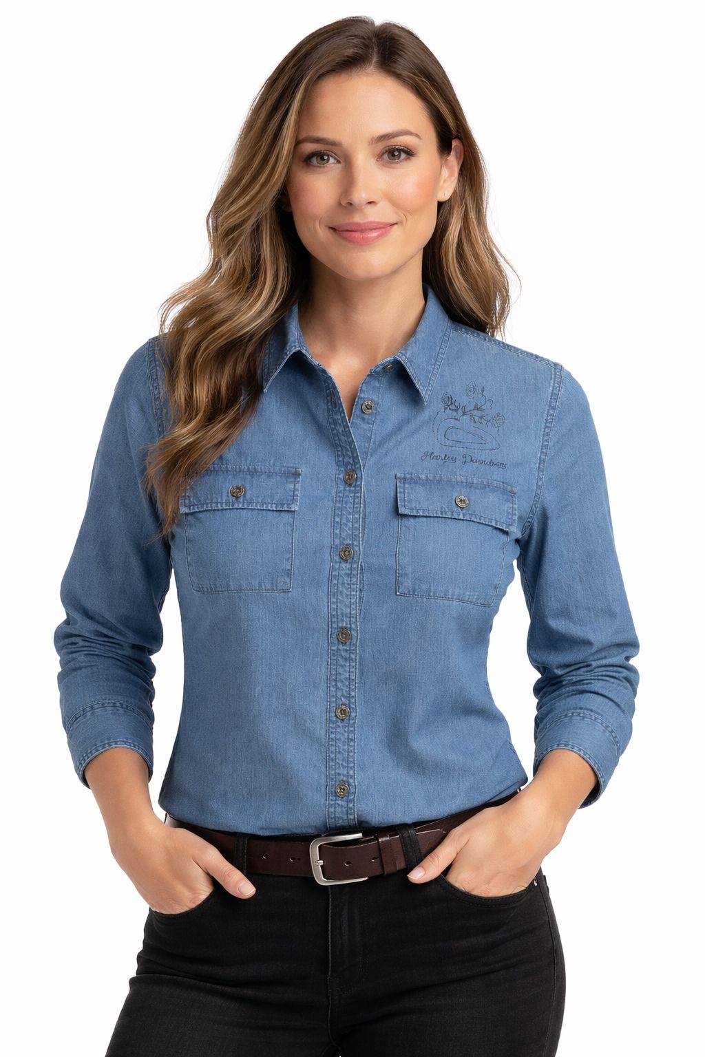 Harley-Davidson Women's Patch Pocket Denim Shirt- 96397-21VW