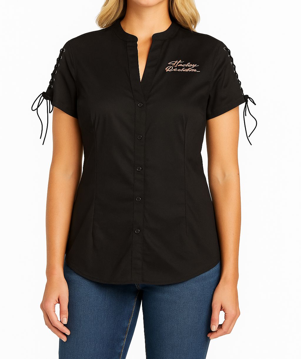 Harley-Davidson Women's Script Font Laced Sleeve Shirt - 96115-22VW