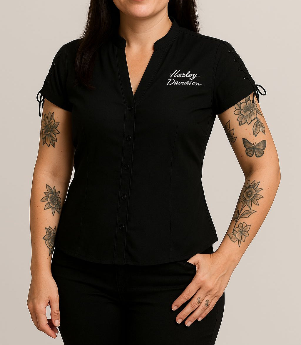 Harley-Davidson Women's Script Font Laced Sleeve Shirt - 96115-22VW