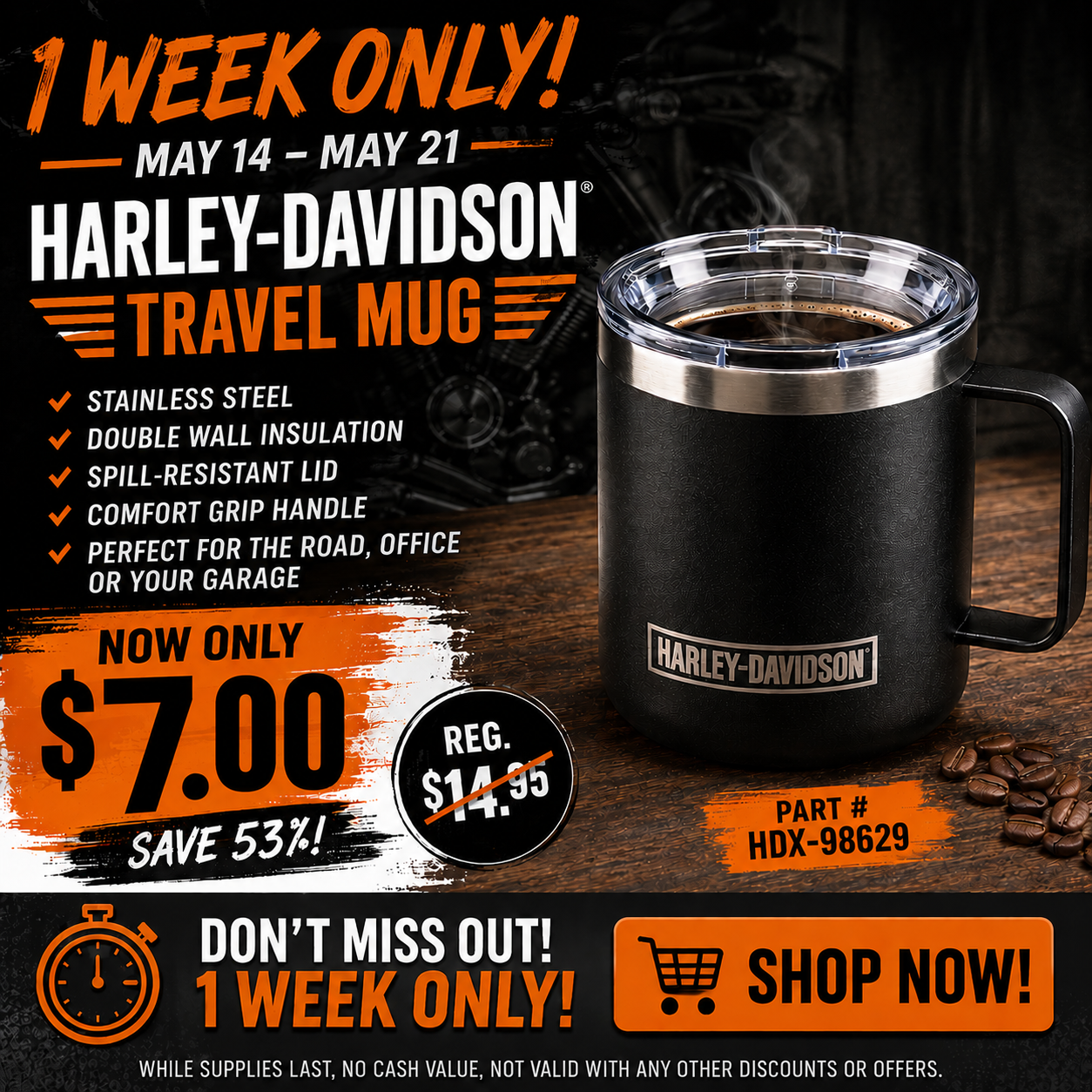 Harley-Davidson Travel Coffee Mug Stainless Steel Tumbler Cup w/Lid Bar Shield