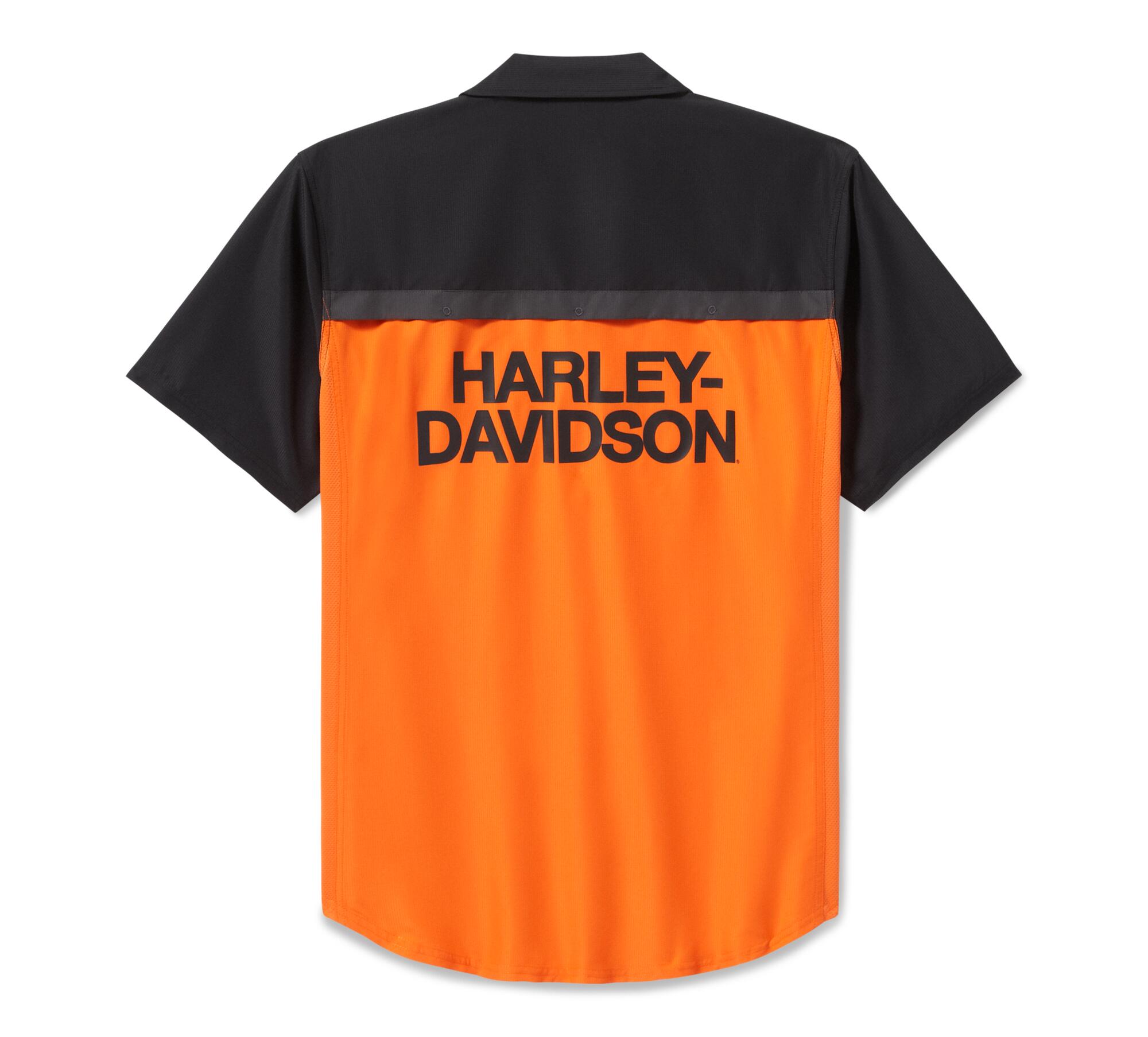 Harley-Davidson TECH Vented Button Shirt, Colorblock Orange & Black, 96737-25VM