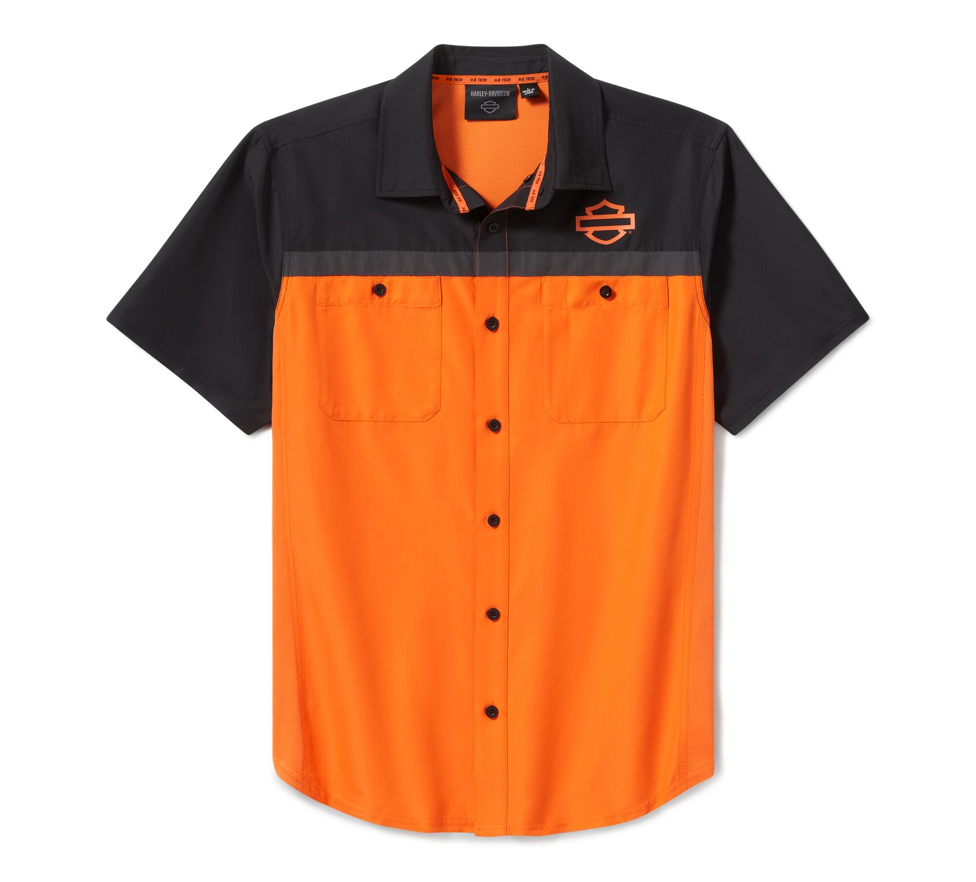 Harley-Davidson TECH Vented Button Shirt, Colorblock Orange & Black, 9
