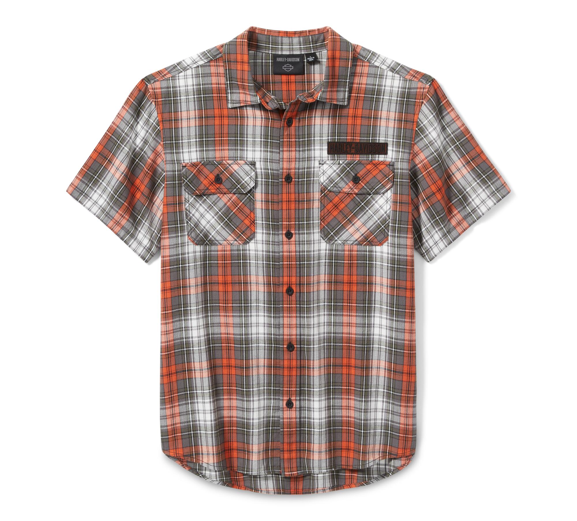 Harley-Davidson Men's Plaid Button Shirt, Block Font, Orange - 96738-2