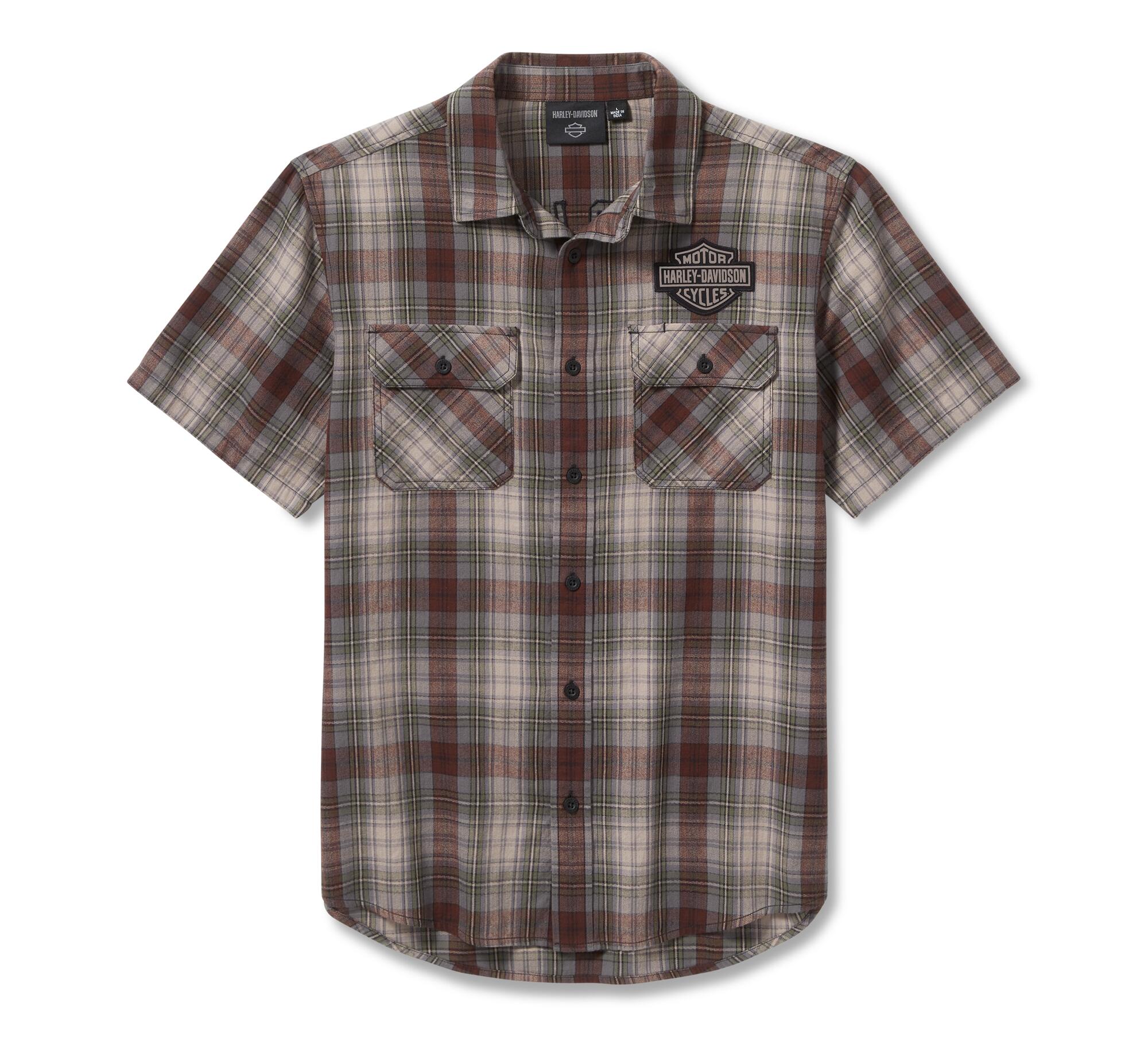 Harley-Davidson Men's Plaid Button Short Sleeve Shirt, Brown - 96813-2