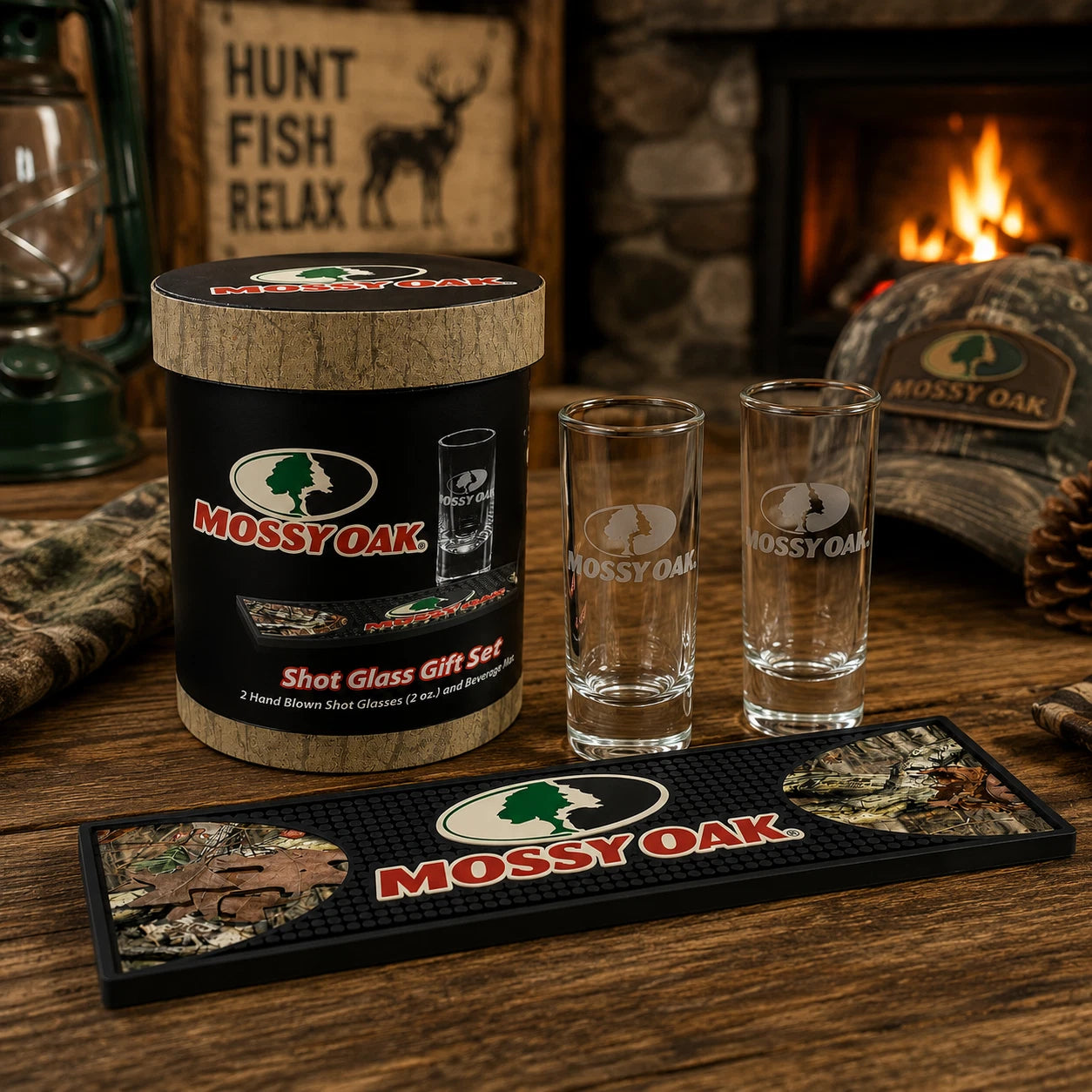 Mossy Oak Shot Glass Gift Set with Bar Mat & Storage Cup – Hunting Gift for Men