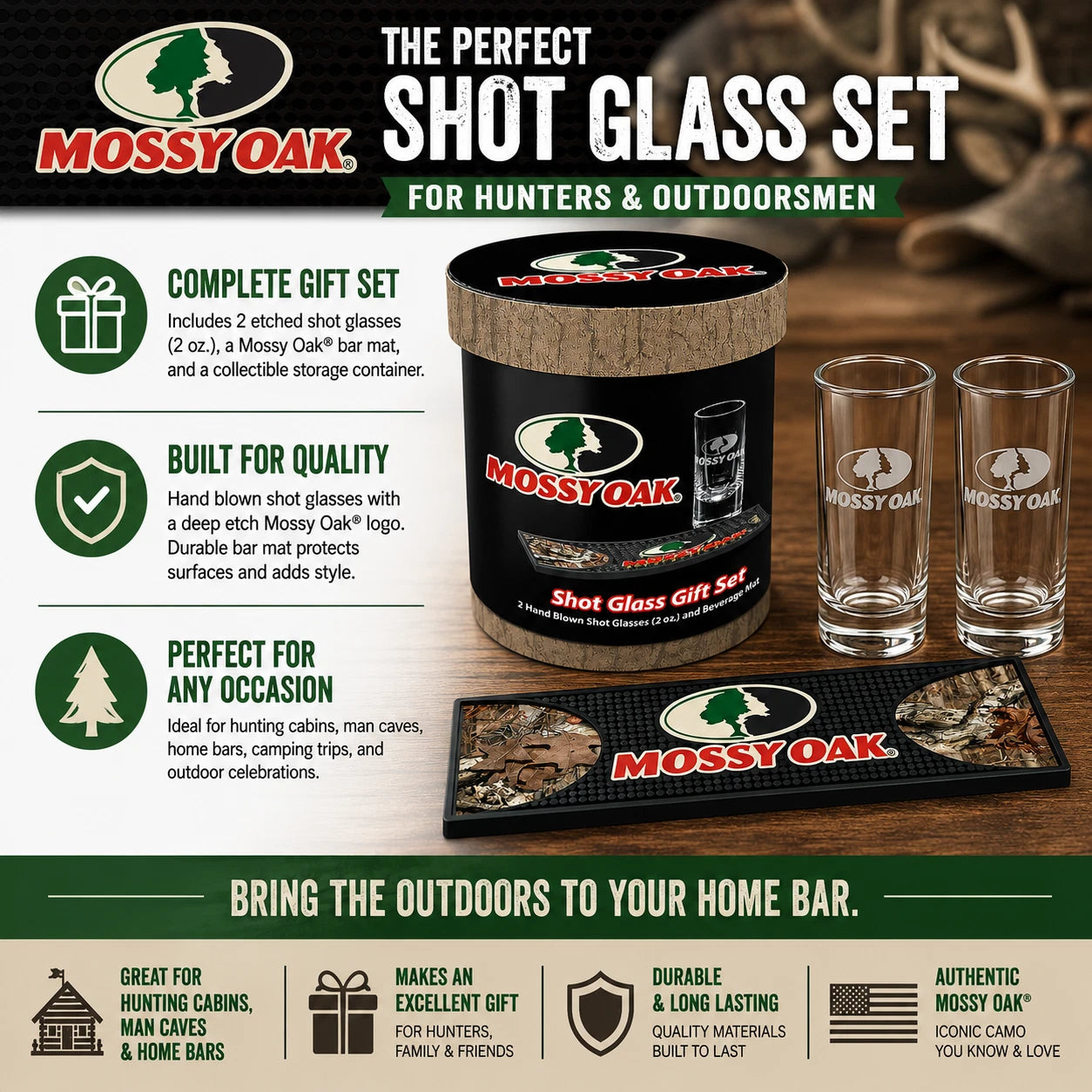 Mossy Oak Shot Glass Gift Set with Bar Mat & Storage Cup – Hunting Gift for Men
