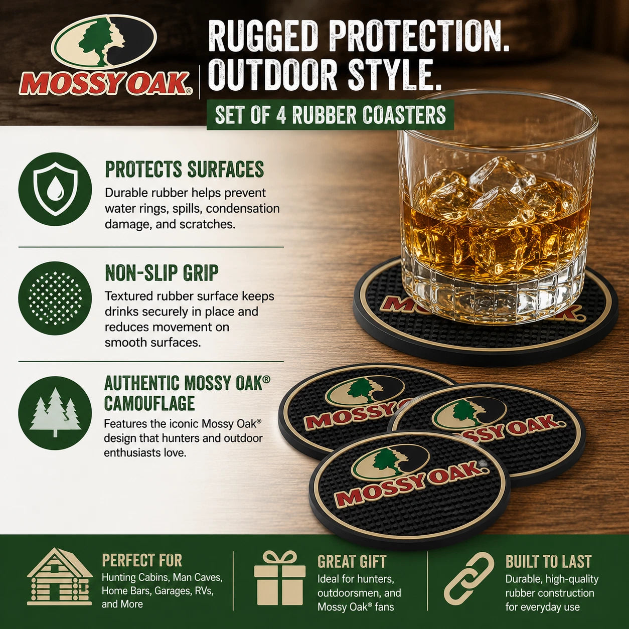 Mossy Oak Camouflage Rubber Drink Coasters Set of 4 – Non-Slip Bar Coasters
