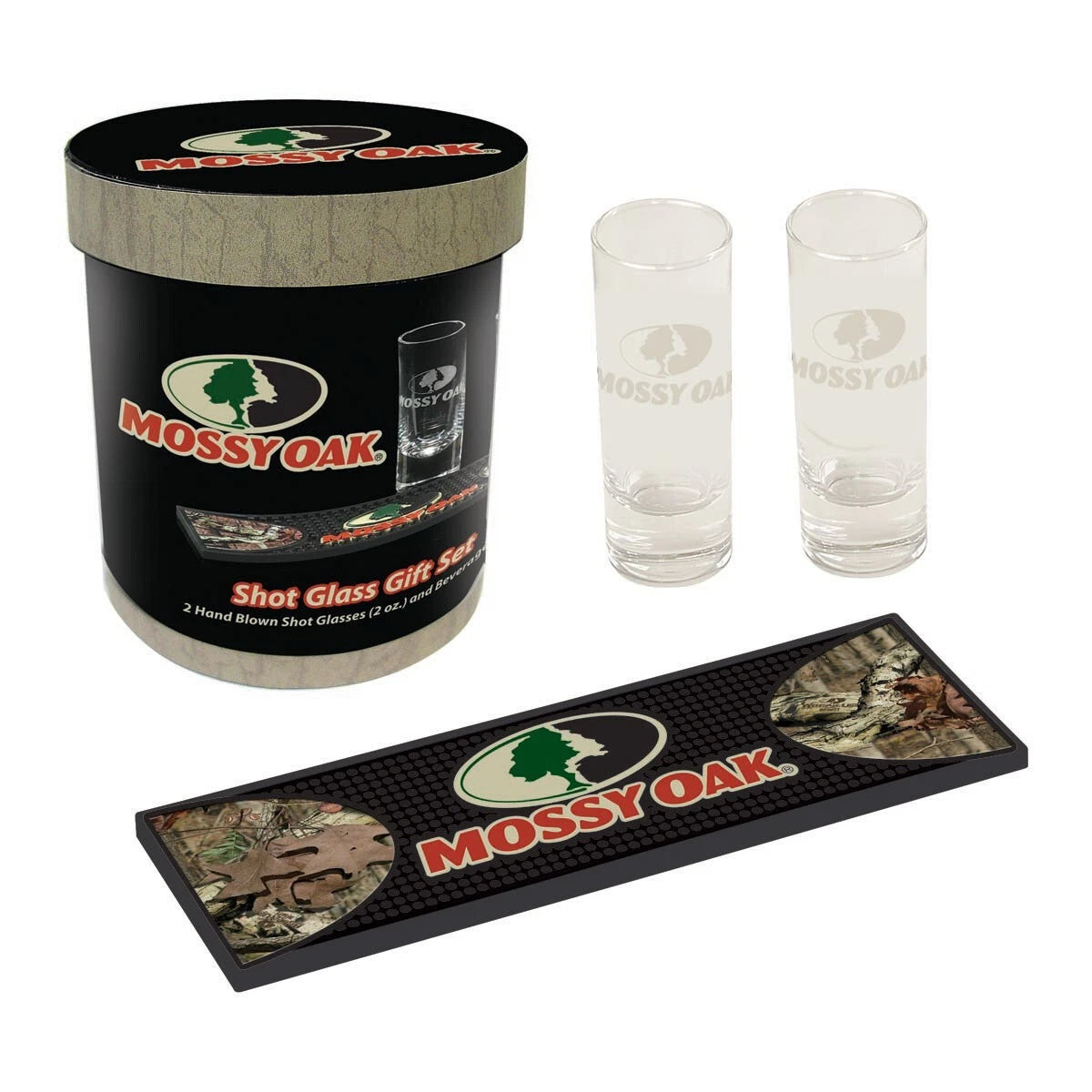 Mossy Oak Shot Glass Gift Set with Bar Mat & Storage Cup – Hunting Gift for Men